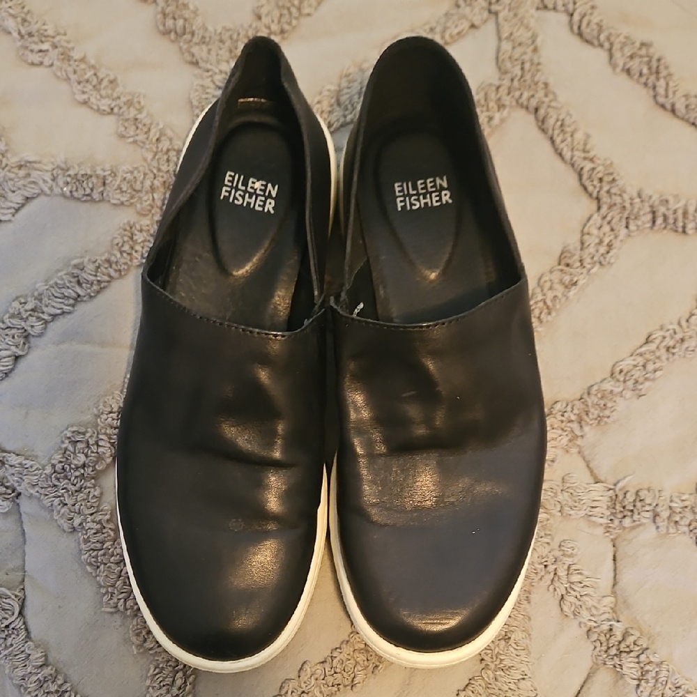 Eileen Fisher Black Leather Slip-Ons